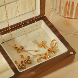 1 Piece Exquisite Sweet Style Bow Knot Shape Stainless Steel  Gold Color Inlay Rhinestones Women's Pendant Necklaces h5 